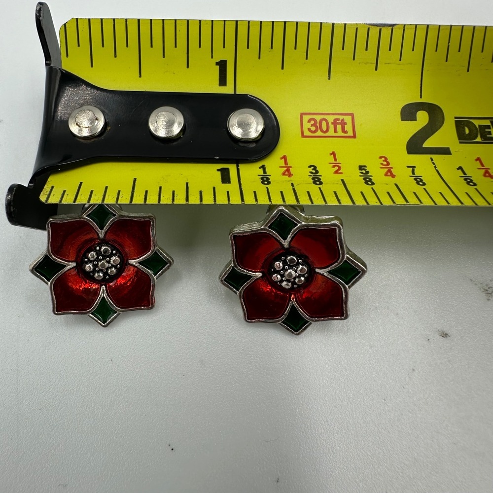 VTG Kenneth Cole Poinsettia Enamel post Earrings Red Green Signed KC Christmas - Picture 4 of 6